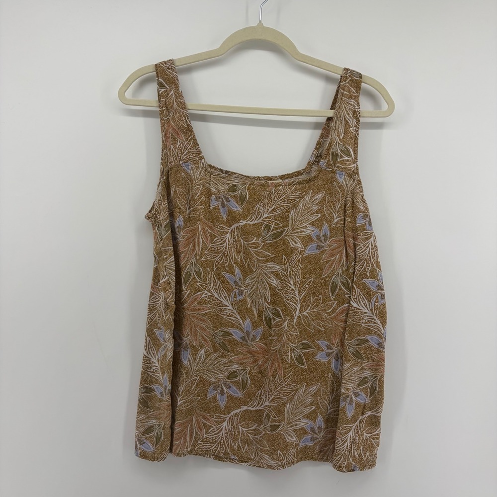 Cynthia Rowley Womens L Brown 100% Linen Tank Top‎ Botanical Leaf Print Square